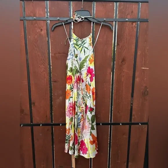 REFORMATION NWT Jennis Floral Silk Halter Mini Dress Low Back String Tie Large - Picture 4 of 10